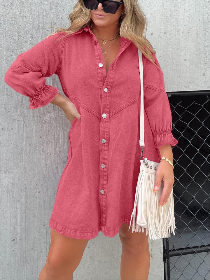 Galilea - Chic Midi Jean Dress with Folded Collar