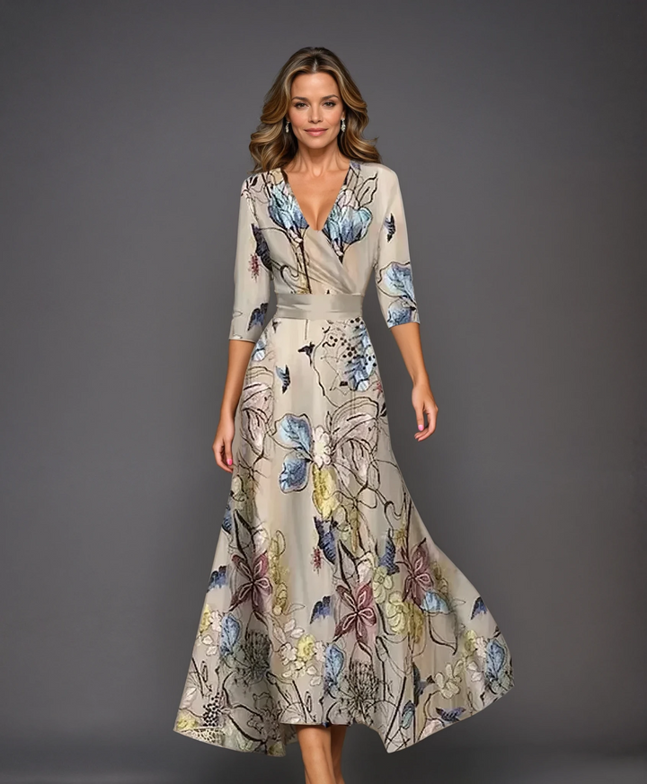 Robe Midi Imprimée Emily à Taille Haute et Manches Mi-Longues