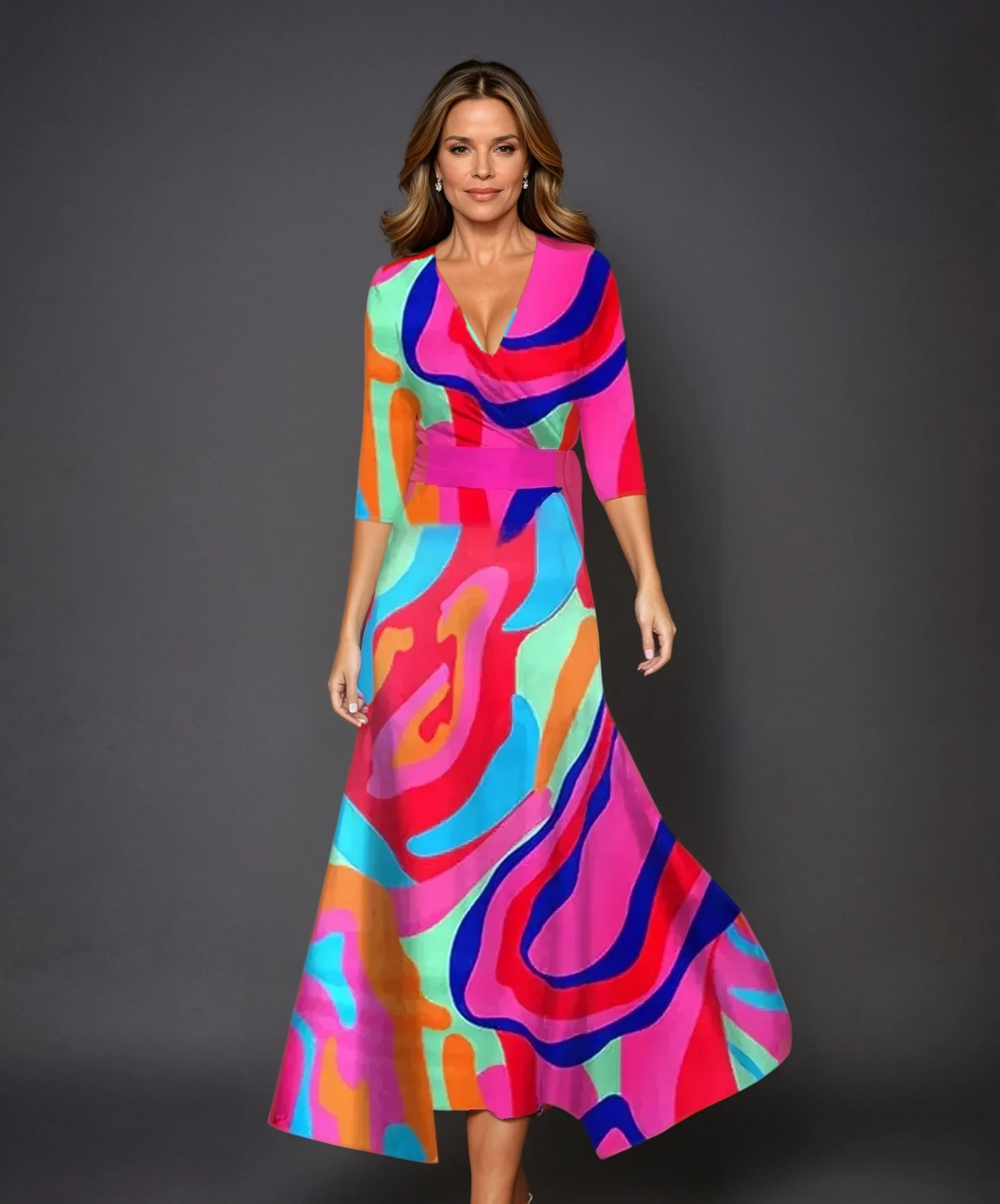 Robe Midi Imprimée Emily à Taille Haute et Manches Mi-Longues