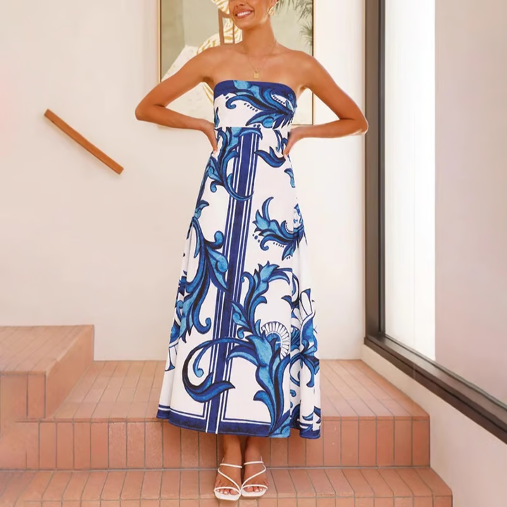 Iris - Long Vintage Printed Tube Dress