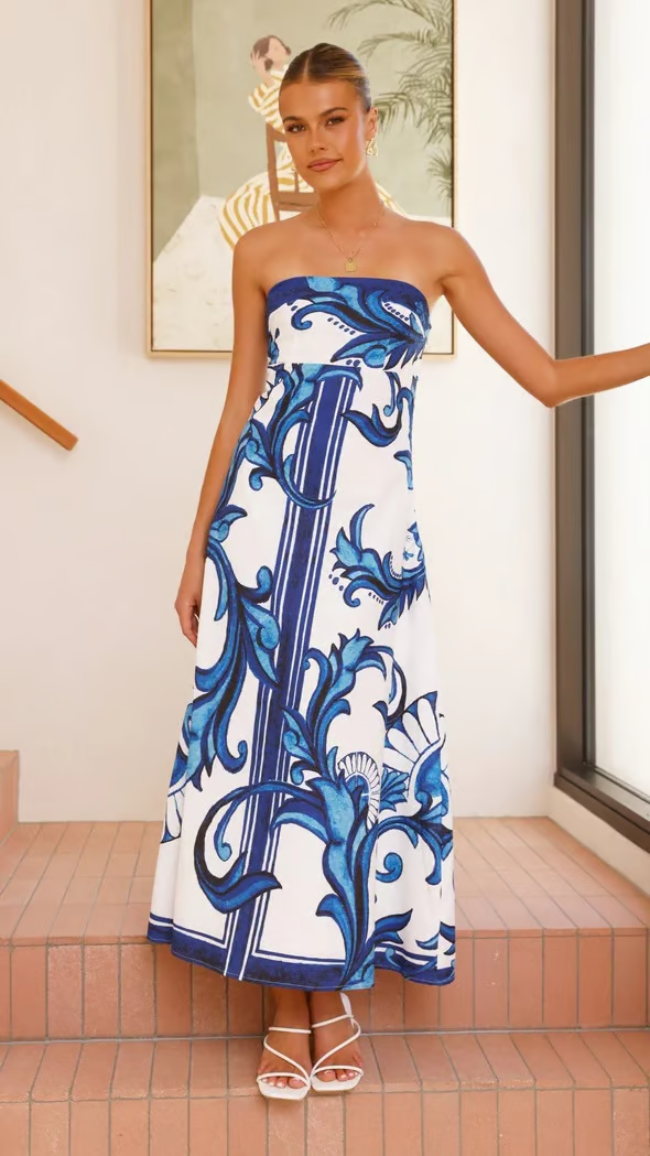 Iris - Long Vintage Printed Tube Dress