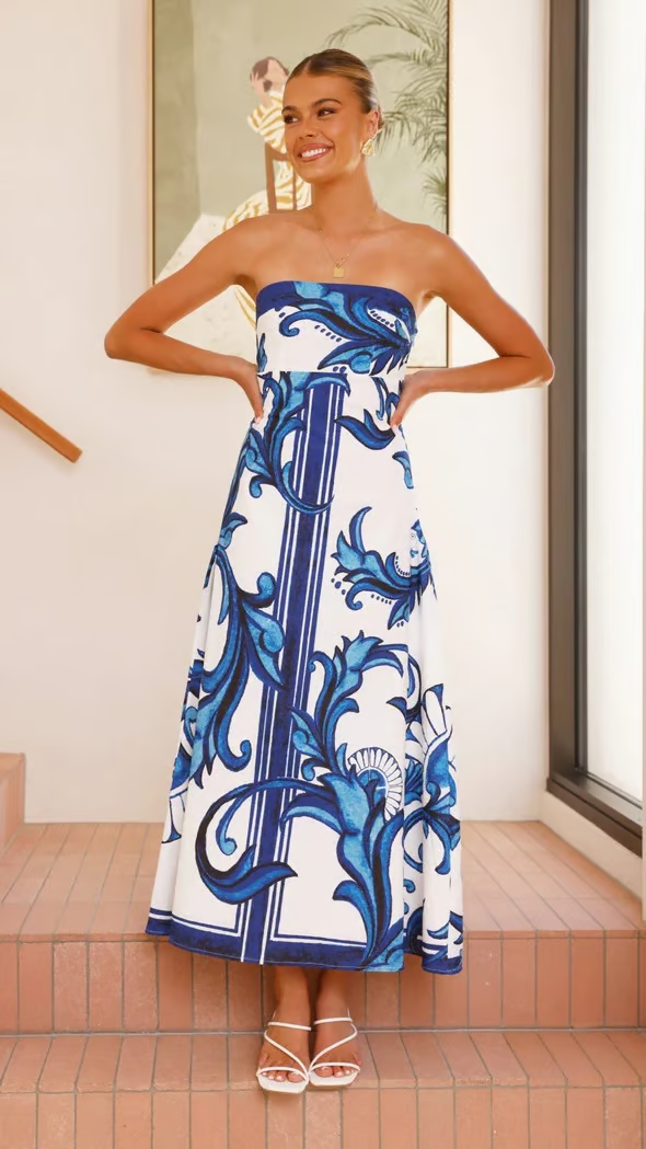 Iris - Long Vintage Printed Tube Dress
