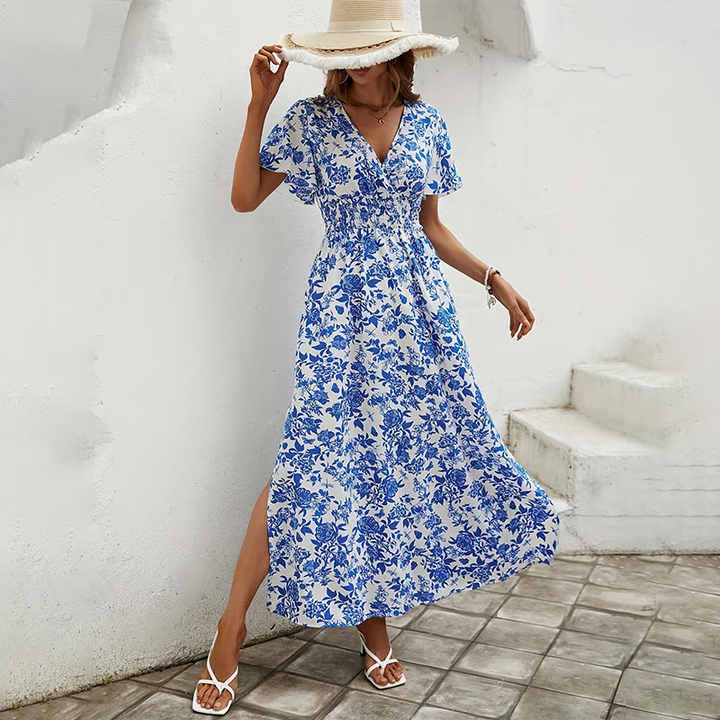 Bea - Robe de Plage Bohème Bleue à Décolleté en V