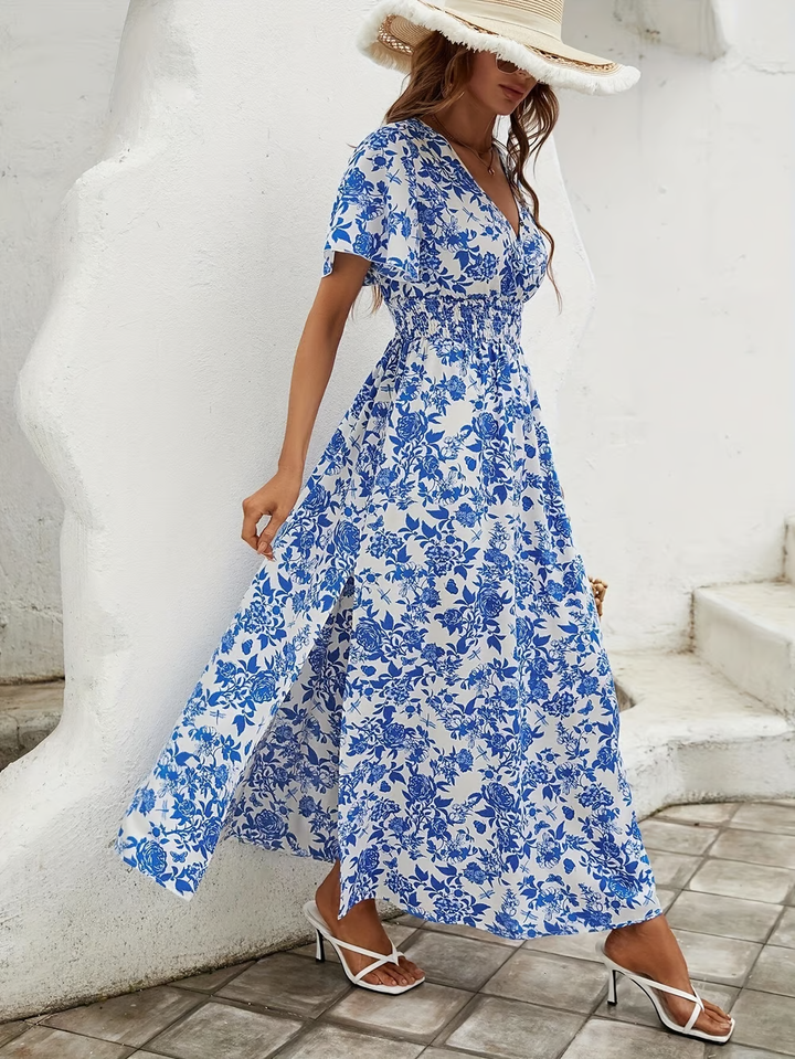 Bea - Robe de Plage Bohème Bleue à Décolleté en V