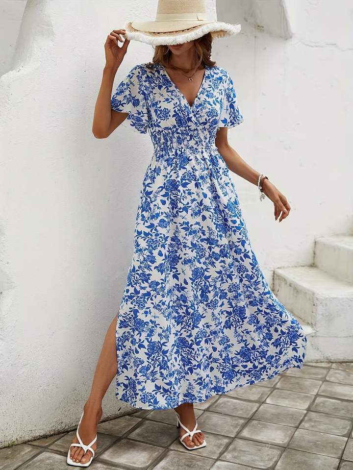Bea - Robe de Plage Bohème Bleue à Décolleté en V