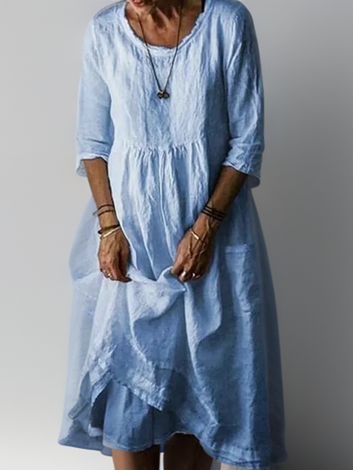 Katie - Robe Midi Plissée en Coton et Lin d'Été