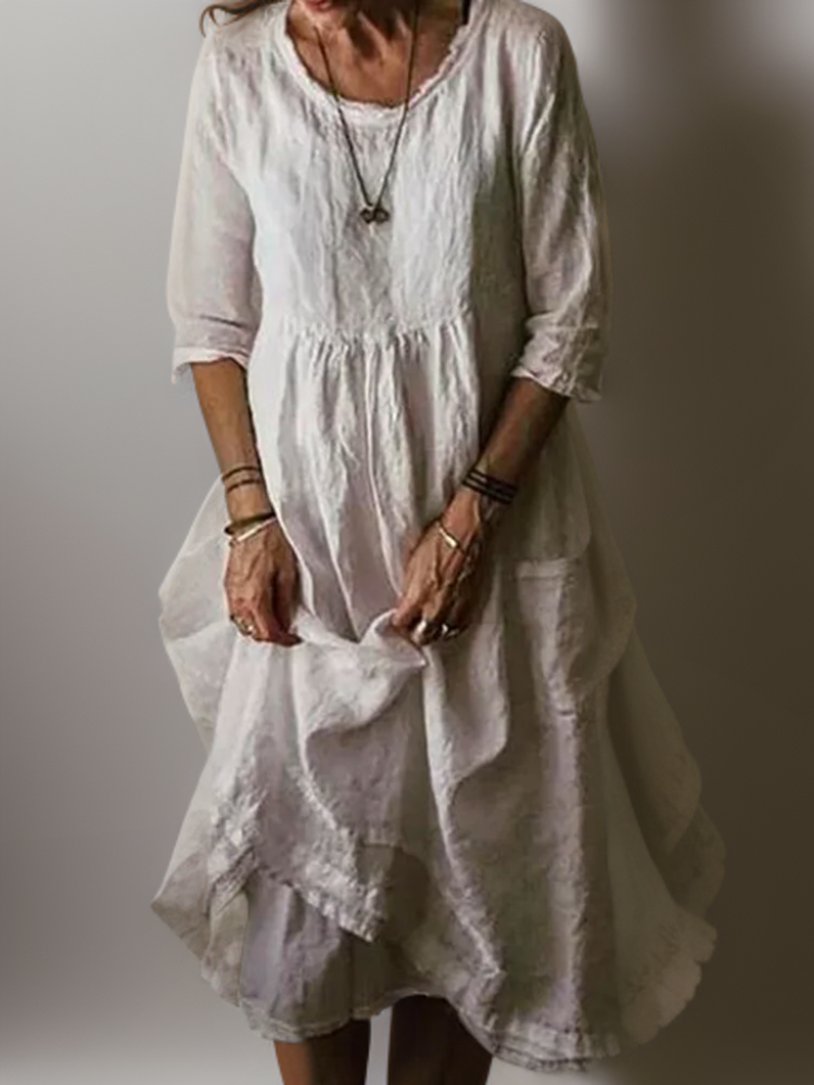Katie - Robe Midi Plissée en Coton et Lin d'Été