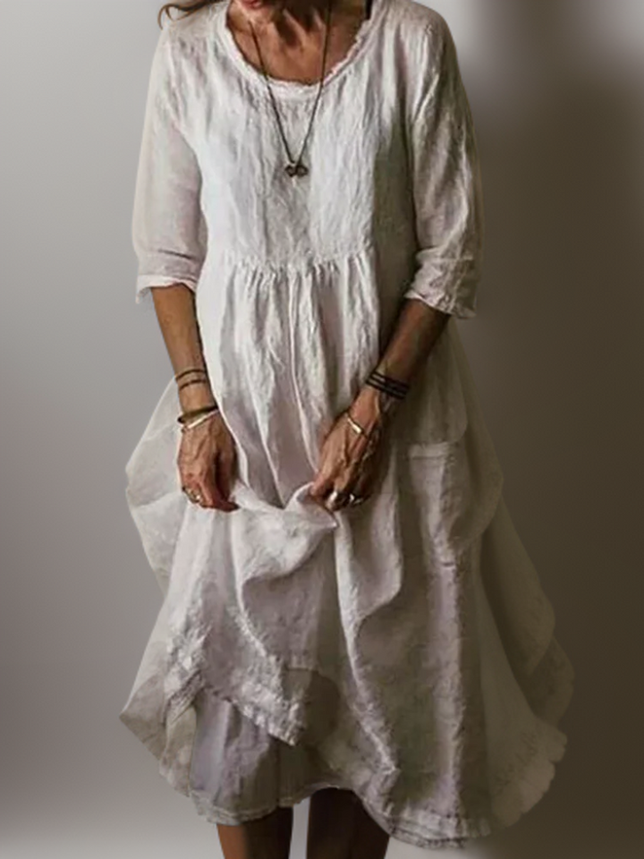 Katie - Robe Midi Plissée en Coton et Lin d'Été