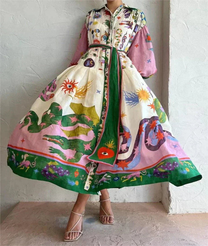 Capri - Robe Élégante à Manches Lanternes avec Ceinture