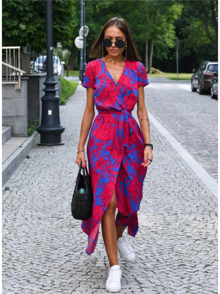 Vada - Robe Imprimée avec Fente et Décolleté en V au Crépuscule