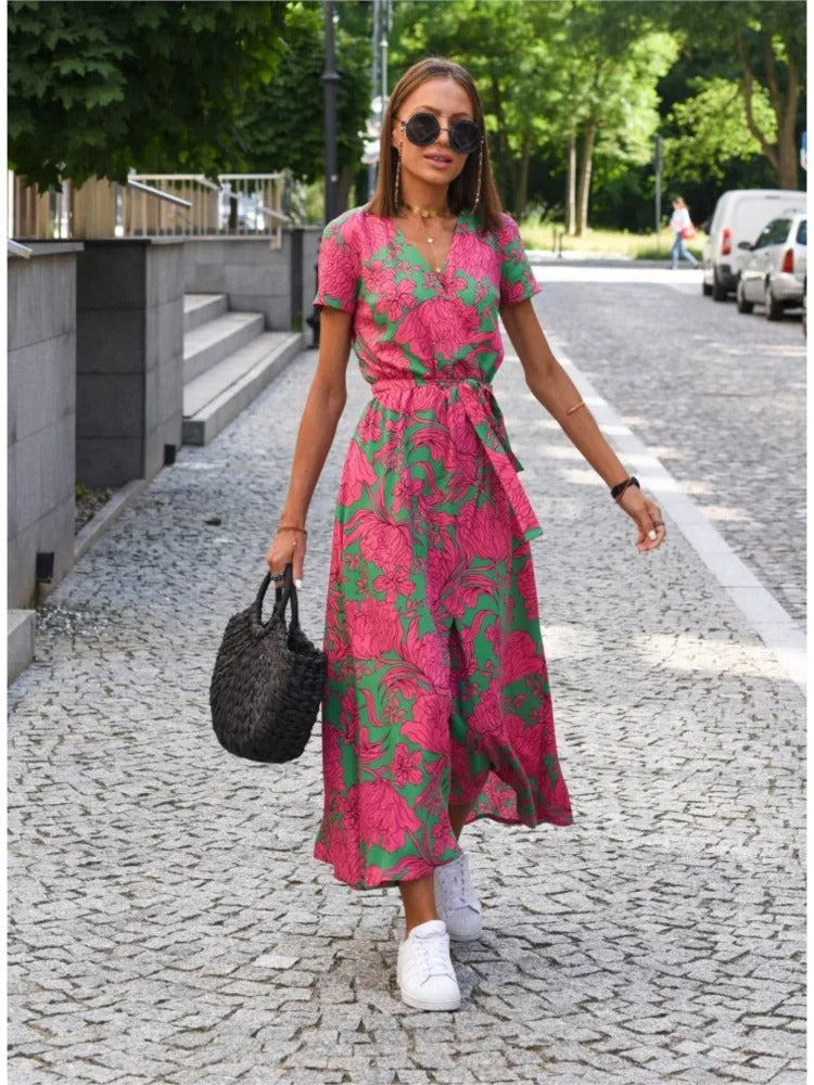 Vada - Robe Imprimée avec Fente et Décolleté en V au Crépuscule
