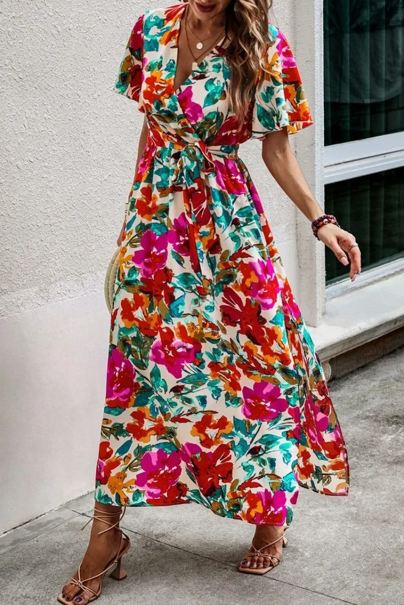 Lucille - Robe de Plage Imprimée avec Décolleté en V