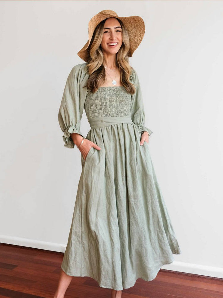 Aviana - Élégante Robe Maxi Réversible avec Manches Bouffantes