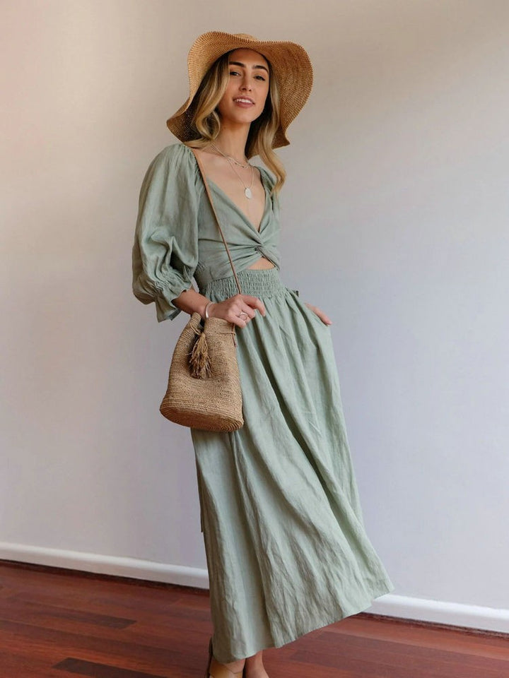 Aviana - Élégante Robe Maxi Réversible avec Manches Bouffantes