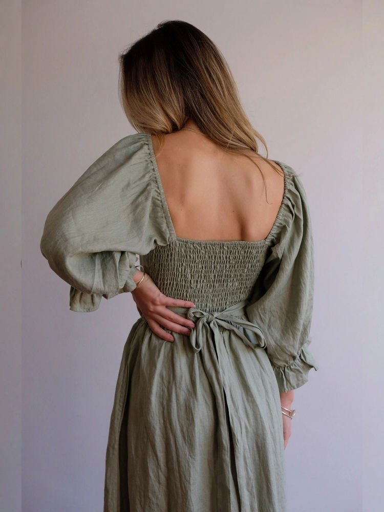 Aviana - Élégante Robe Maxi Réversible avec Manches Bouffantes