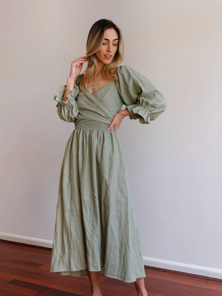 Aviana - Élégante Robe Maxi Réversible avec Manches Bouffantes