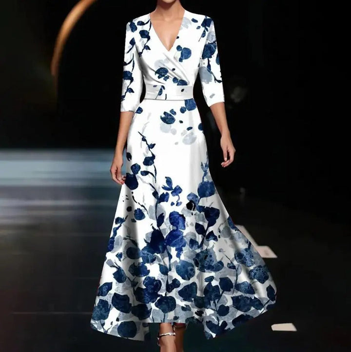 Robe Midi Imprimée Emily à Taille Haute et Manches Mi-Longues