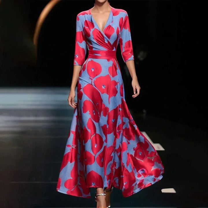 Robe Midi Imprimée Emily à Taille Haute et Manches Mi-Longues