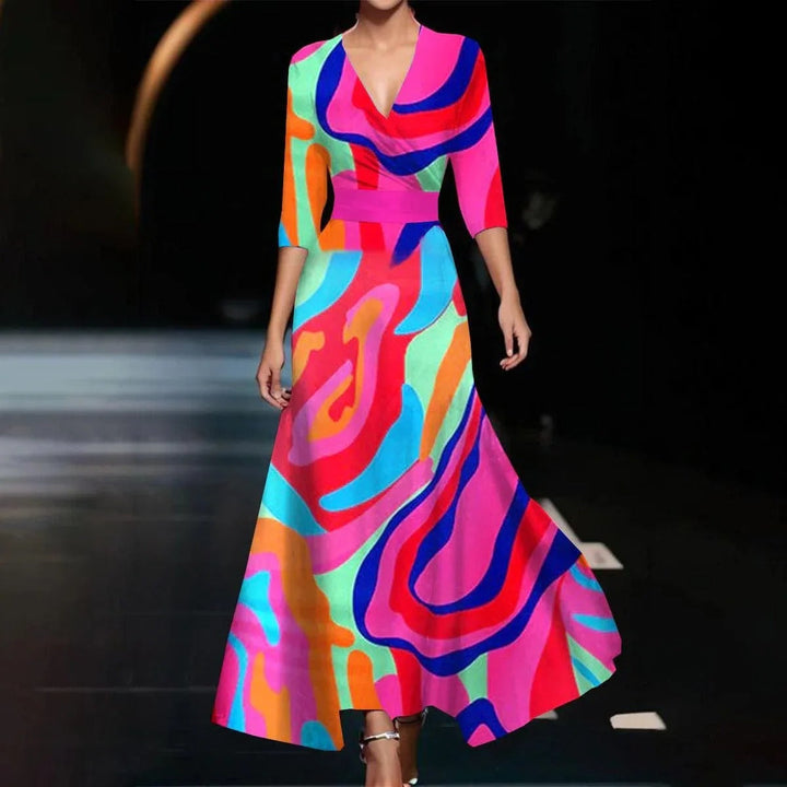 Robe Midi Imprimée Emily à Taille Haute et Manches Mi-Longues