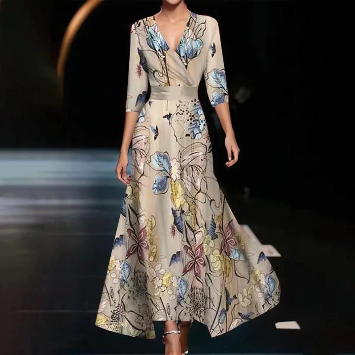 Robe Midi Imprimée Emily à Taille Haute et Manches Mi-Longues